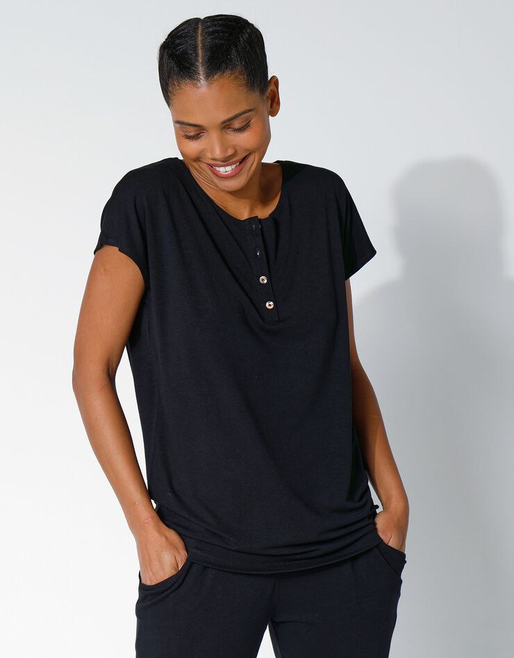 Tee-shirt col tunisien uni, maille fluide (noir) Tee-shirt col tunisien uni, maille fluide (noir)