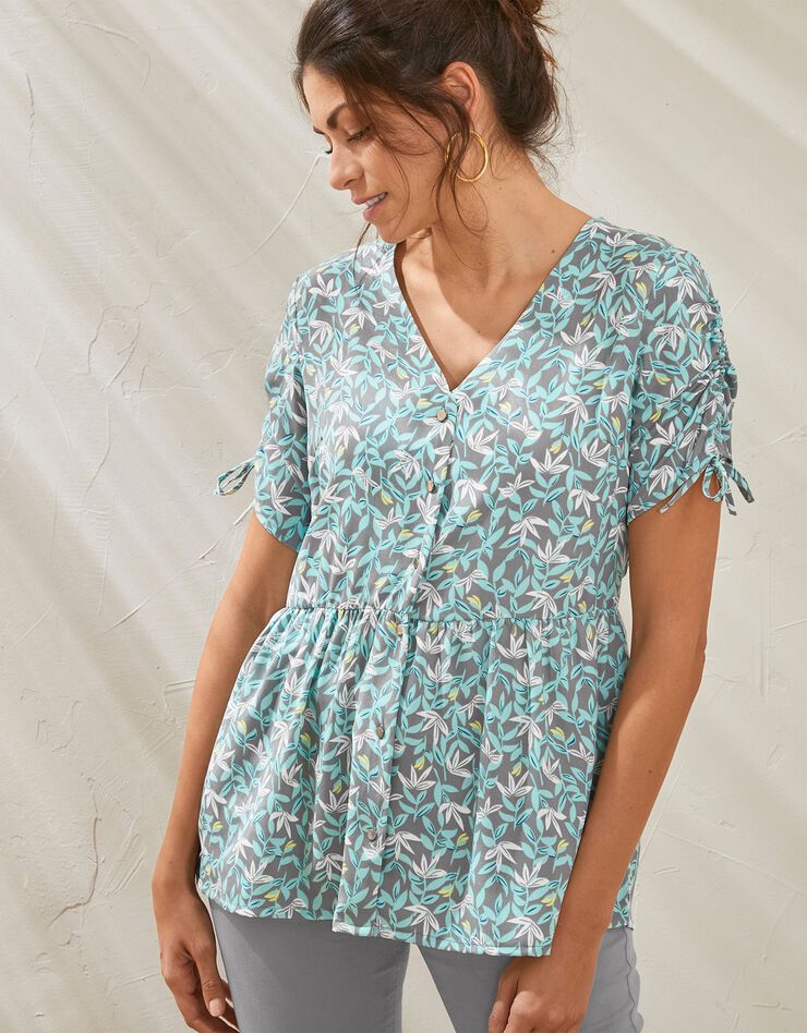 Blouse boutonnée imprimée (gris / turquoise) Blouse boutonnée imprimée (gris / turquoise)