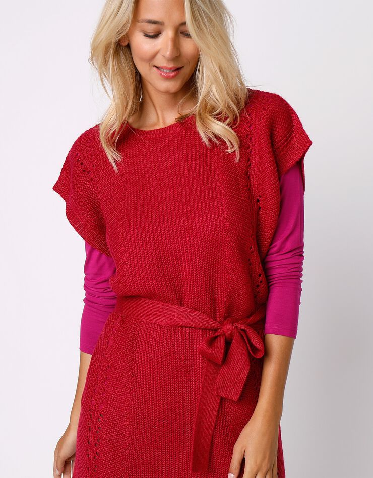 Robe manches courtes ceinturée - toucher mohair (cerise) Robe manches courtes ceinturée - toucher mohair (cerise)