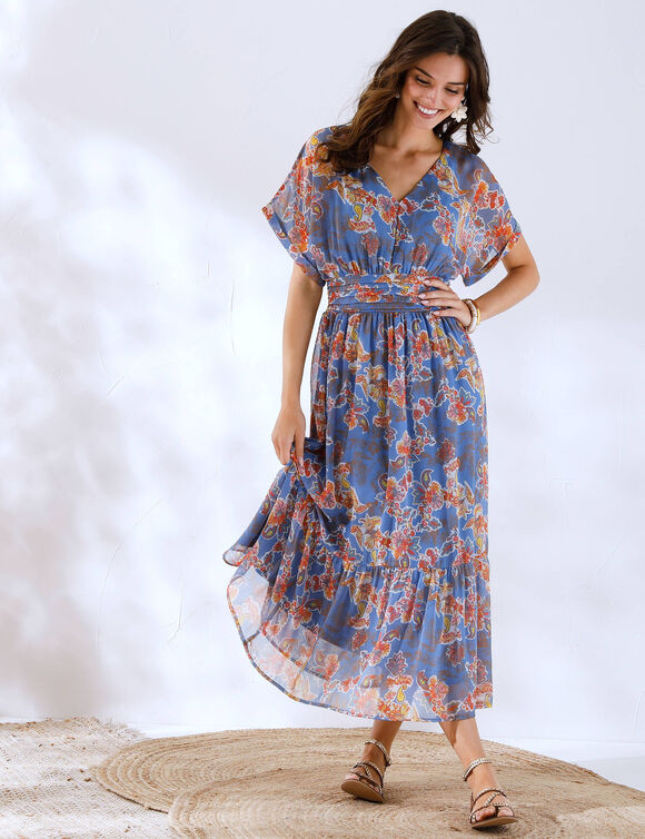 Robe longue voile imprimé (bleu / corail)