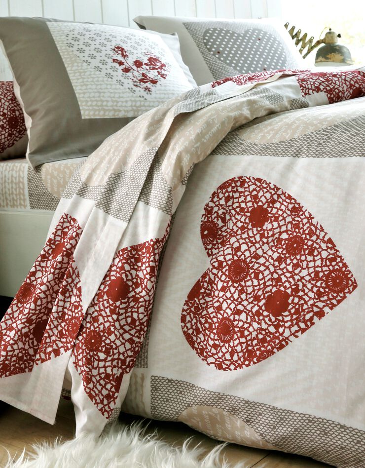 Linge de lit Lovely en flanelle imprimé coeurs  (taupe / rouge)