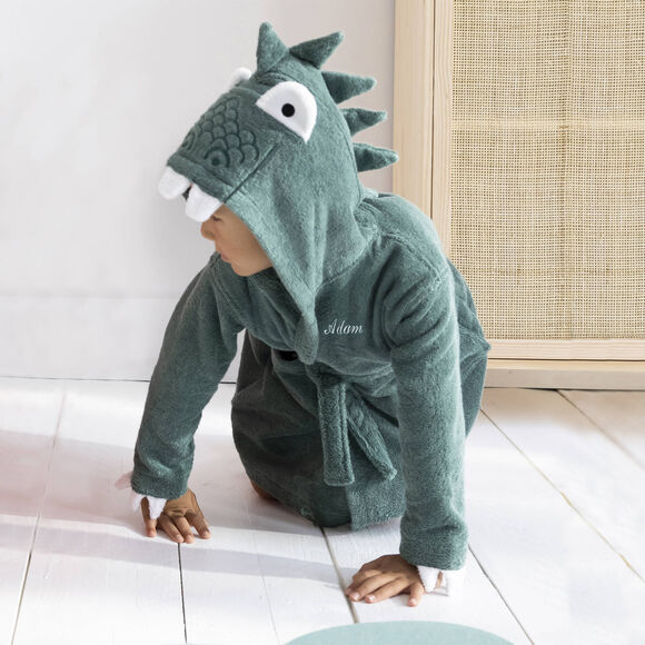 Peignoir de bain enfant &agrave; capuche dinosaure personnalis&eacute; - 340g/m&sup2; (eucalyptus)