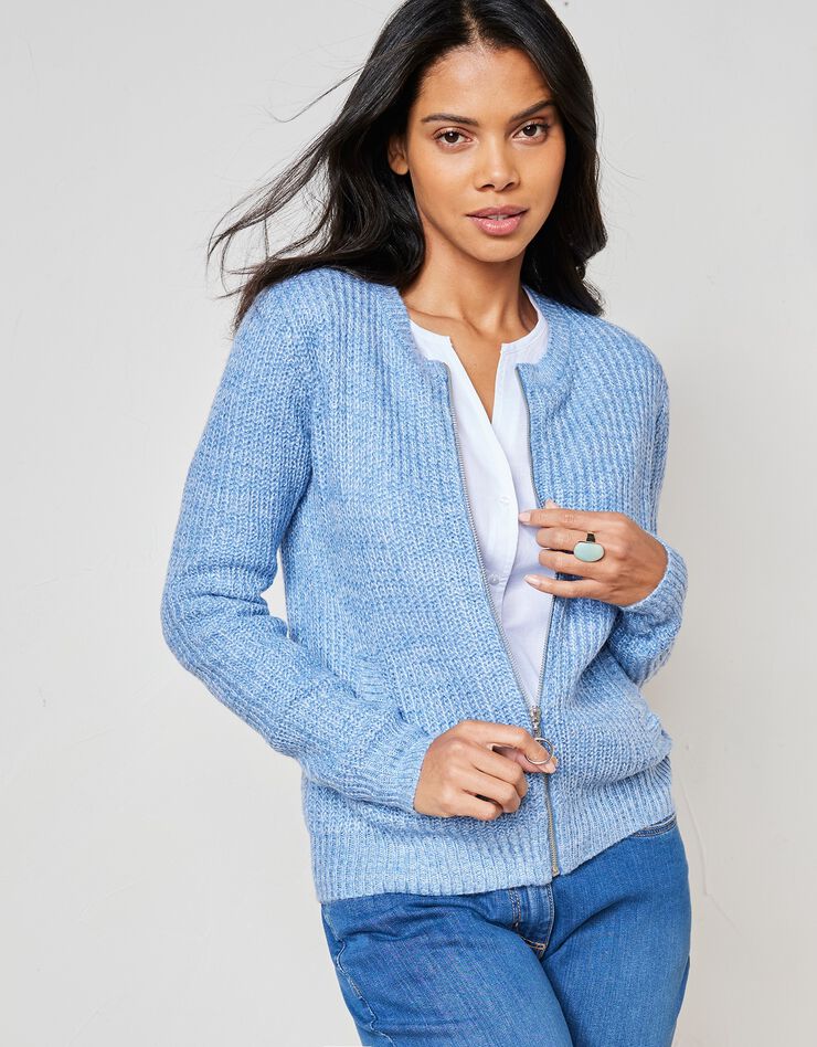 Gilet zippé maille anglaise toucher mohair (bleu chiné) Gilet zippé maille anglaise toucher mohair (bleu chiné)