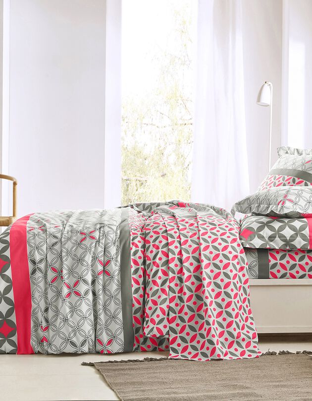 Linge de lit Marlow en coton à motifs géométriques (gris / corail)