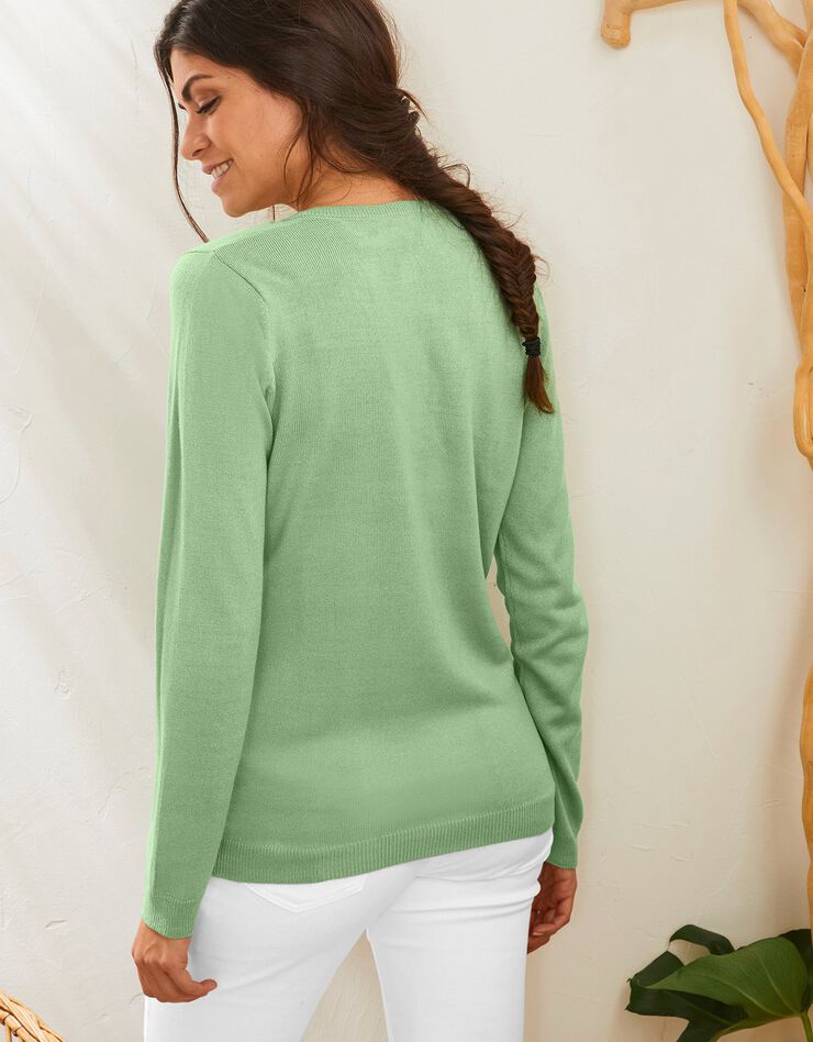 Cardigan boutonné col rond uni toucher cachemire (vert clair) Cardigan boutonné col rond uni toucher cachemire (vert clair)