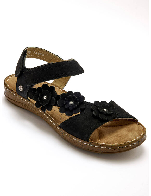 Sandales scratchées à fleurs, cuir velours (noir)