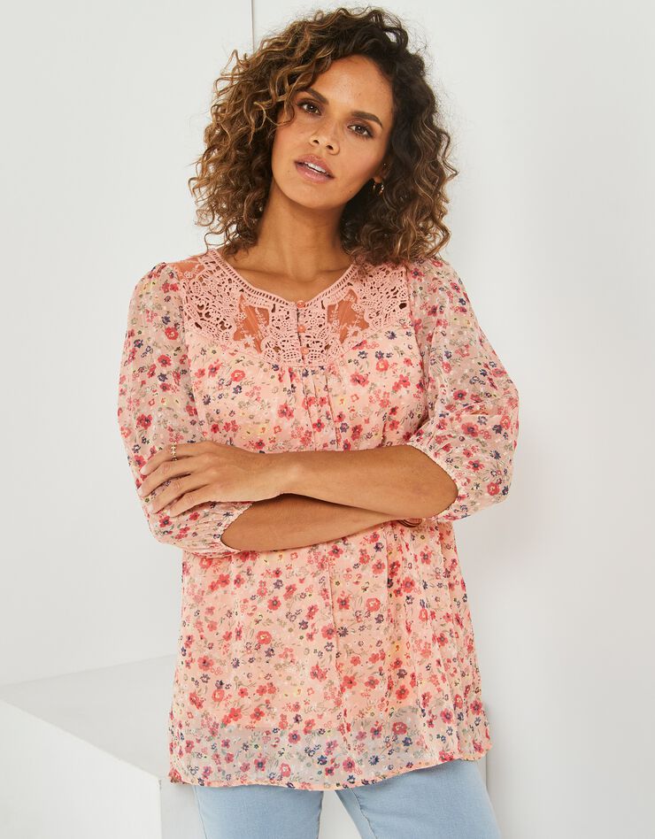 Blouse macramé imprimée, voile plumetis (mangue / corail) Blouse macramé imprimée, voile plumetis (mangue / corail)