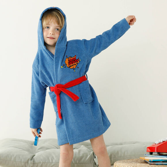 Peignoir de bain enfant super-h&eacute;ros &agrave; capuche &eacute;ponge coton - 340g/m&sup2; (bleu dur)
