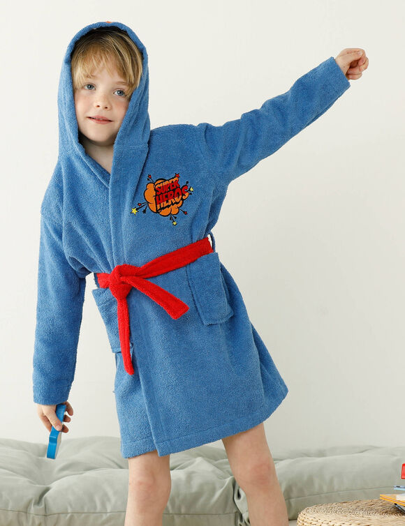 Peignoir de bain enfant super-héros à capuche éponge coton - 340g/m² (bleu dur)