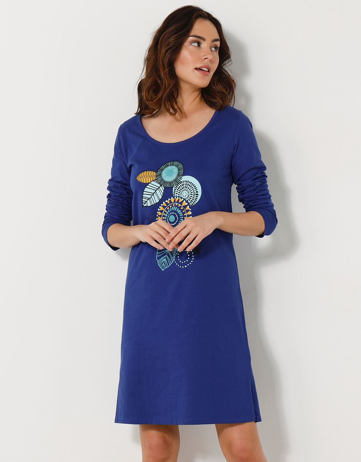 Chemise de nuit courte manches longues motif « rosace » (bleu dur)