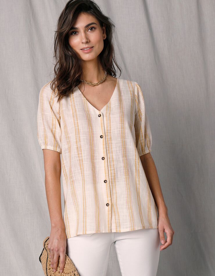 Blouse boutonnée rayée manches aux coudes (blanc cassé / jaune) Blouse boutonnée rayée manches aux coudes (blanc cassé / jaune)