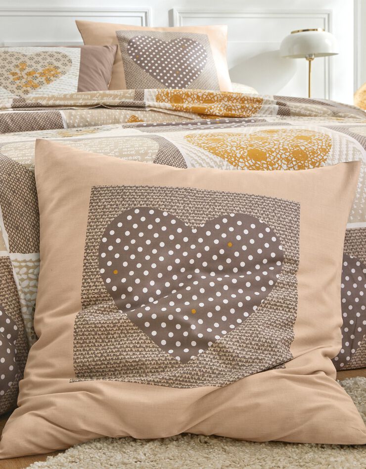 Linge de lit Lovely en coton imprimé coeurs (beige / caramel)