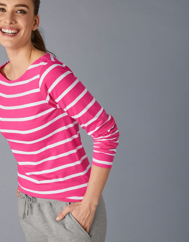 Tee-shirt marinière manches longues en coton bio, éco-responsable (rose / blanc)