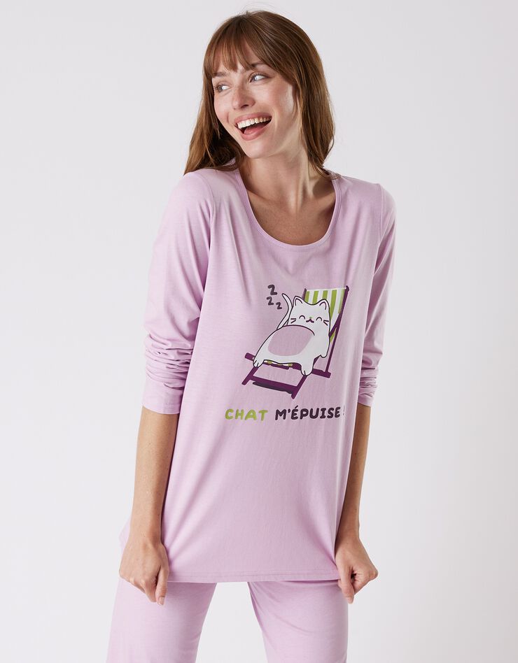 Pyjama manches longues imprimé "Chat" (lilas)