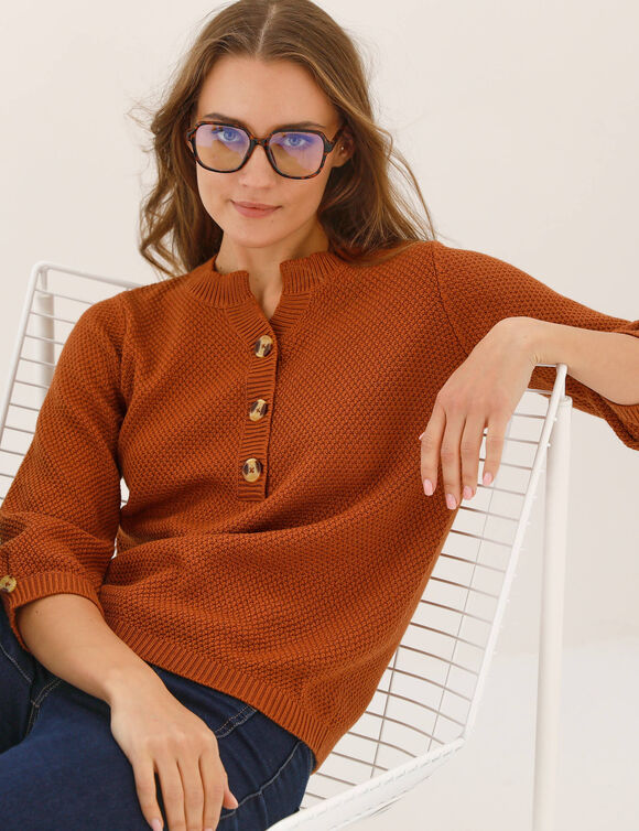Pull col tunisien manches 3/4, maille fantaisie (caramel)