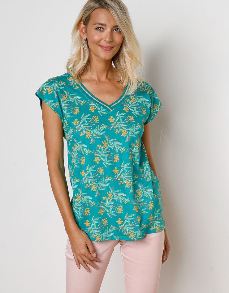 Tee-shirt épaules tombantes imprimé tropical (vert / safran) Tee-shirt épaules tombantes imprimé tropical (vert / safran)