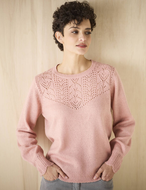 Pull col rond maille ajourée, toucher doux (rose grisé)