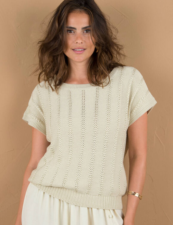 Pull col rond dégagé manches courtes, maille fantaisie (sable)