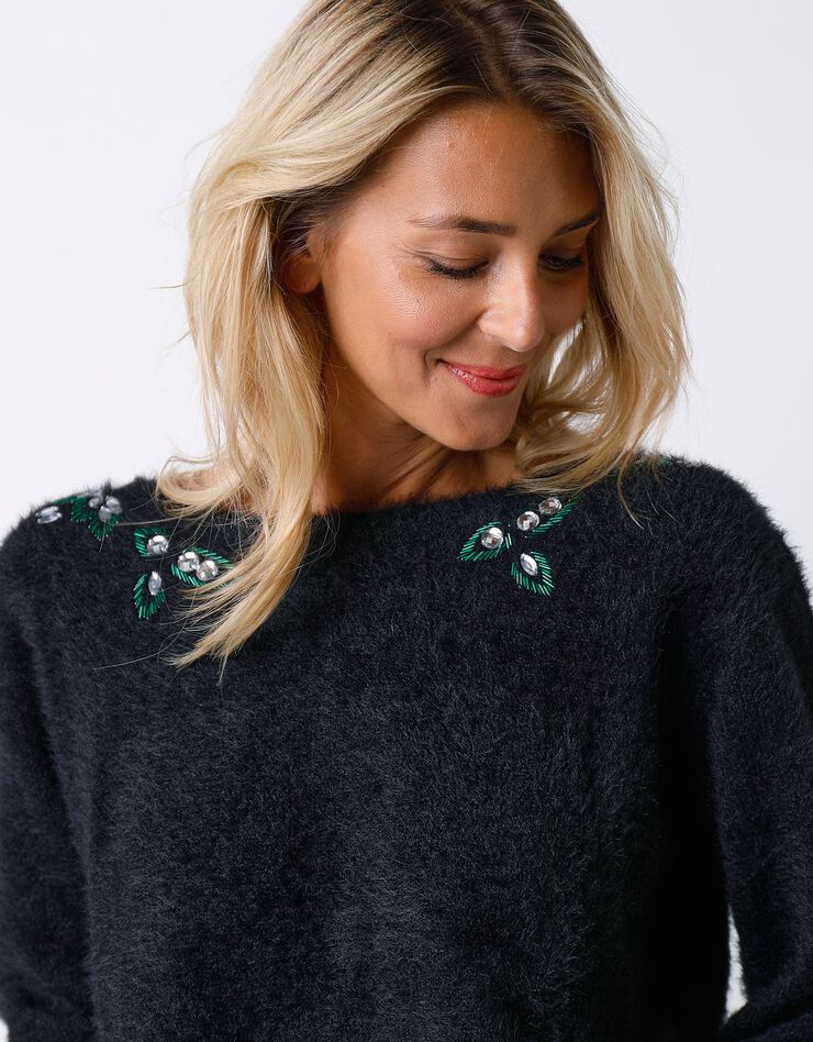 Pull maille douceur avec strass et perles (noir / argenté) Pull maille douceur avec strass et perles (noir / argenté)