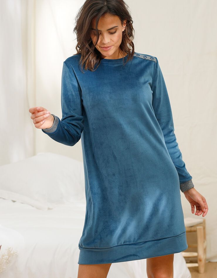 Chemise de nuit velours stretch bleu, finitions paillettes (bleu pétrole) Chemise de nuit velours stretch bleu, finitions paillettes (bleu pétrole)