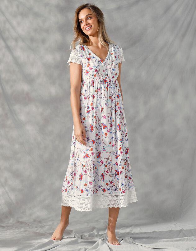 Robe longue imprimée manches courtes (blanc / orange)