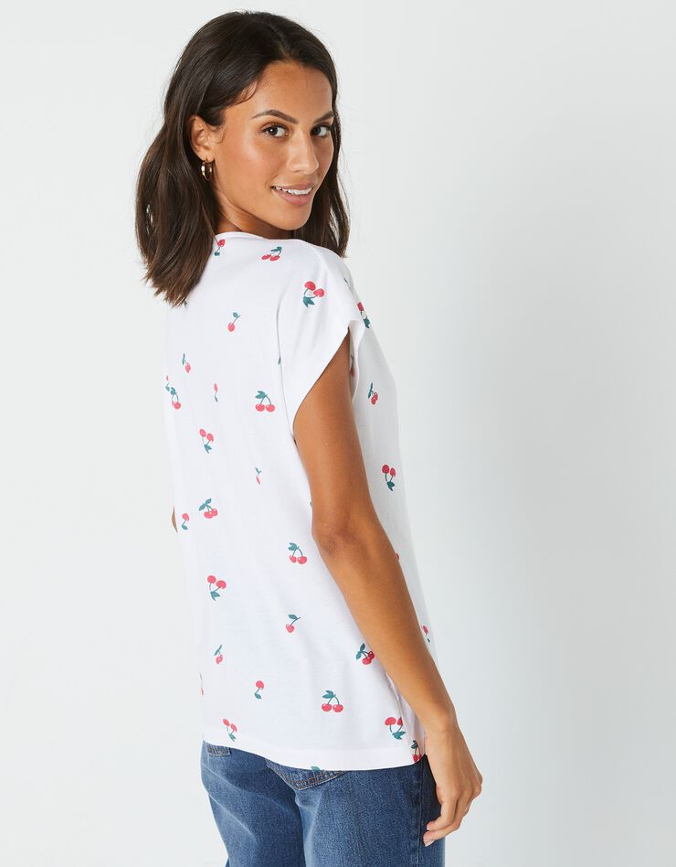 Tee-shirt col V boutonné imprimé cerises, spécial petites (blanc) Tee-shirt col V boutonné imprimé cerises, spécial petites (blanc)