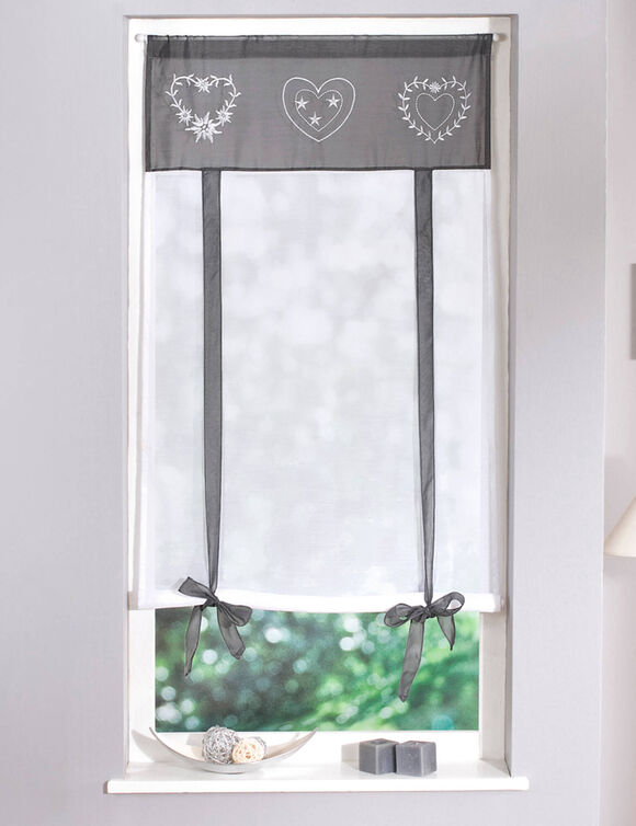 Store broderies motifs coeurs finition passe-tringle (gris / blanc)