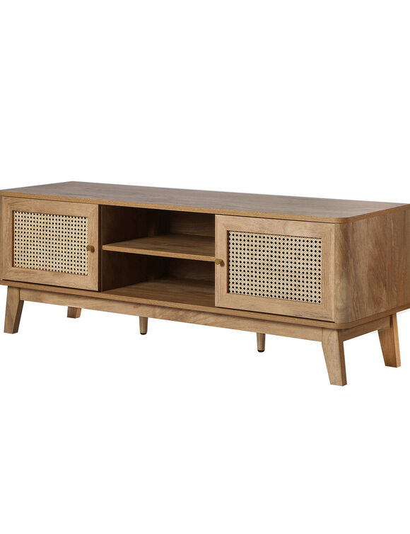 Meuble TV 2 portes, bois et rotin (naturel)