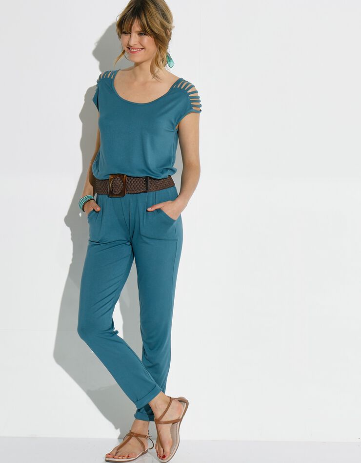 Tee-shirt "boîte" laçage épaules maille unie (bleu grisé) Tee-shirt "boîte" laçage épaules maille unie (bleu grisé)
