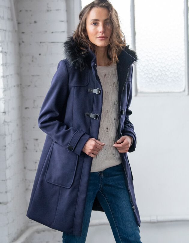 Duffle-coat capuche fausse fourrure uni (marine)