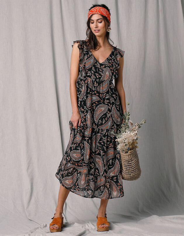 Robe volantée mi-longue sans manches voile imprimé (noir / paprika) Robe volantée mi-longue sans manches voile imprimé (noir / paprika)