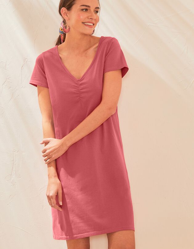 Robe manches courtes col V unie, maille stretch (terracotta) Robe manches courtes col V unie, maille stretch (terracotta)