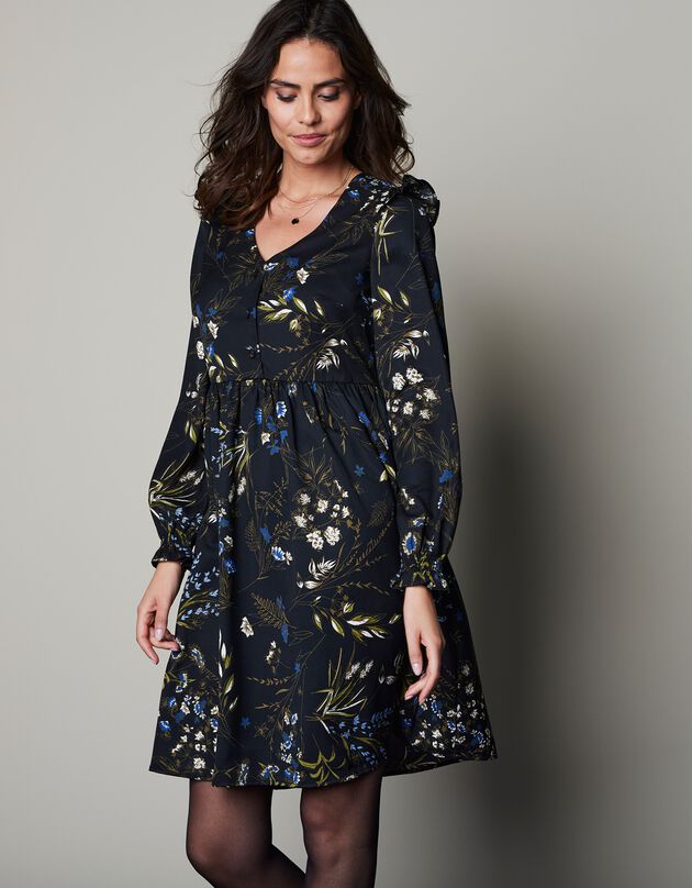 Robe imprimée col V (noir / kaki)