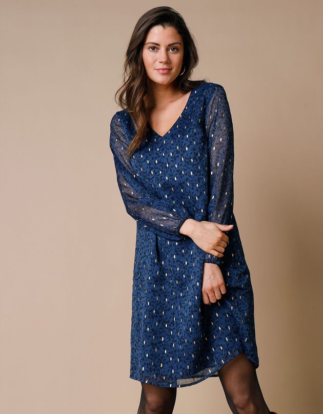 Robe évasée voile imprimé doré (bleu)