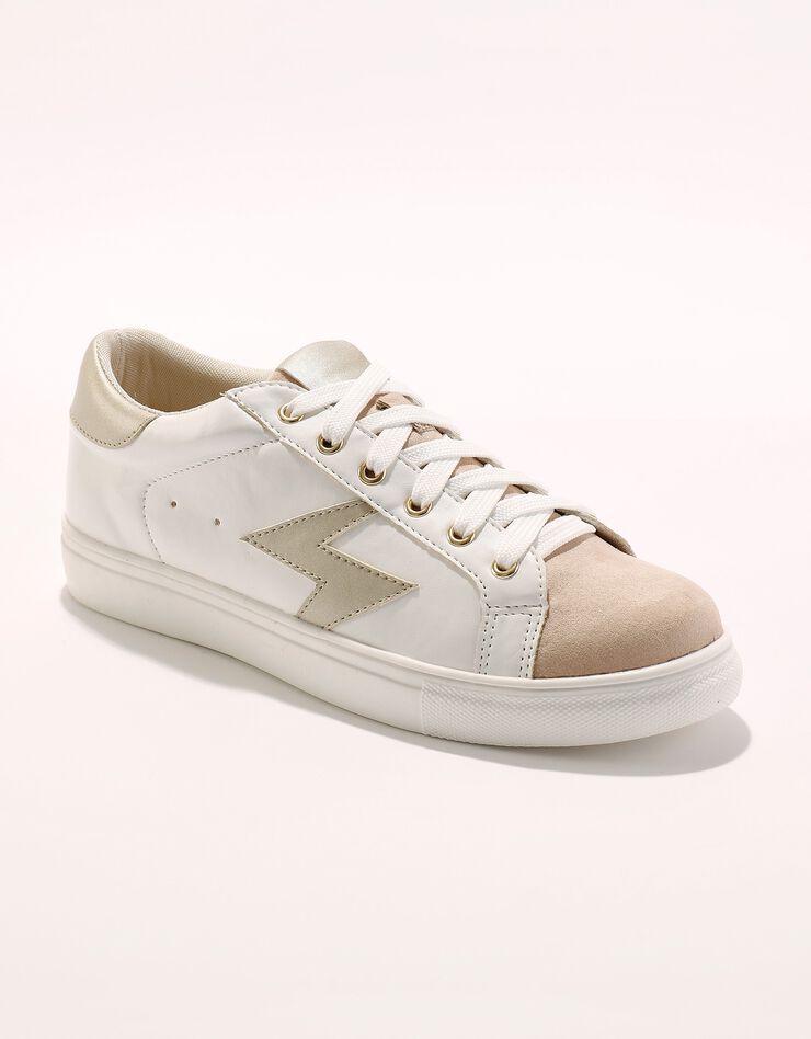 Tennis à lacets avec détail éclair doré - effet bimatière (blanc / beige)