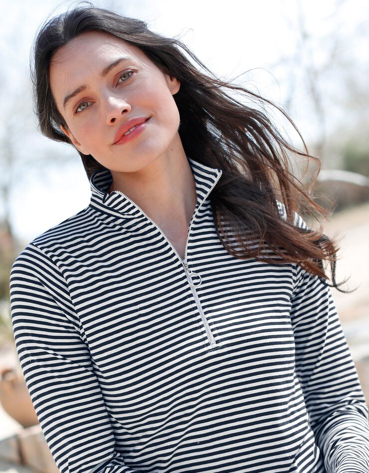 Tee-shirt col montant zippé rayé (marine / blanc)