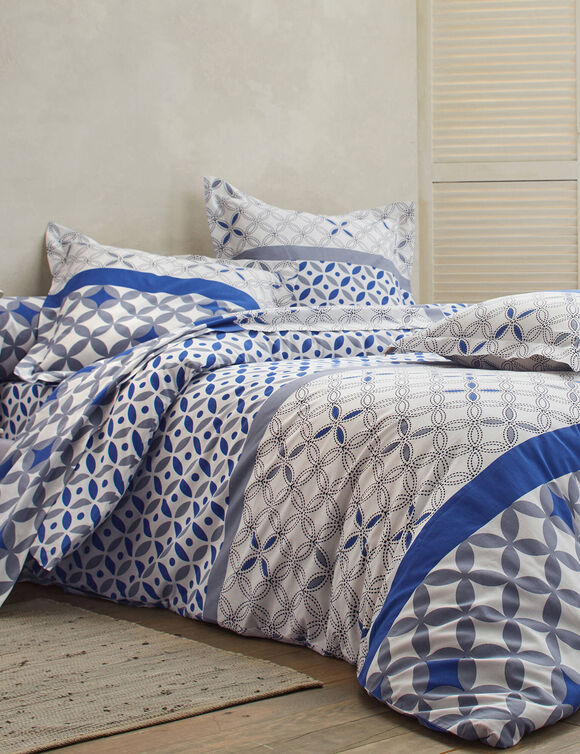 Linge de lit Marlow coton, imprimé géométrique (gris / bleu)
