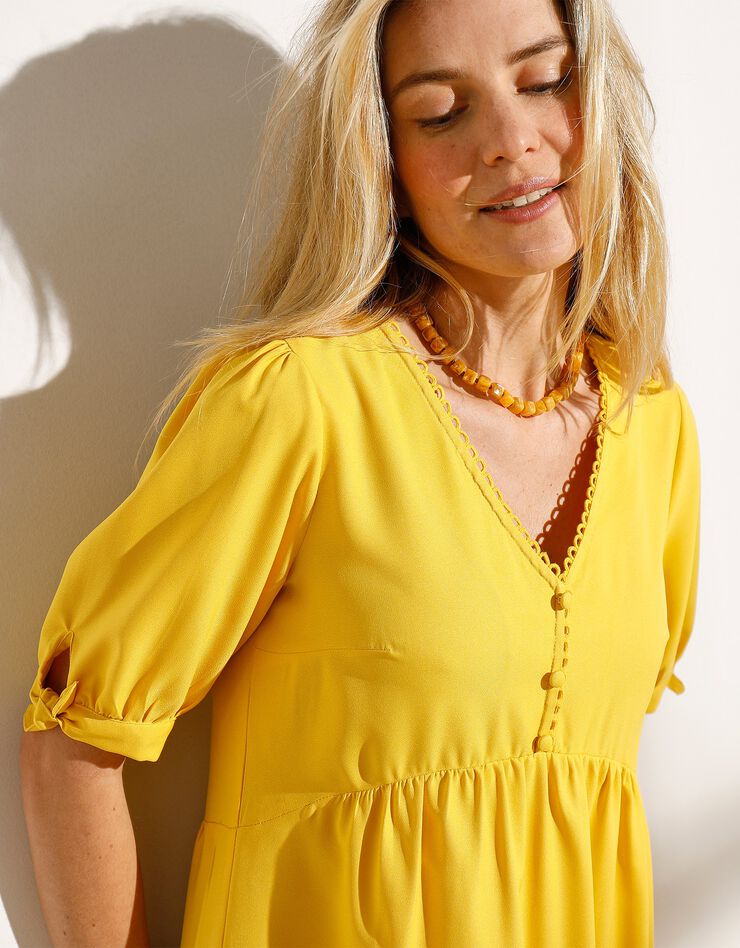 Robe unie col V crêpe fluide (jaune) Robe unie col V crêpe fluide (jaune)