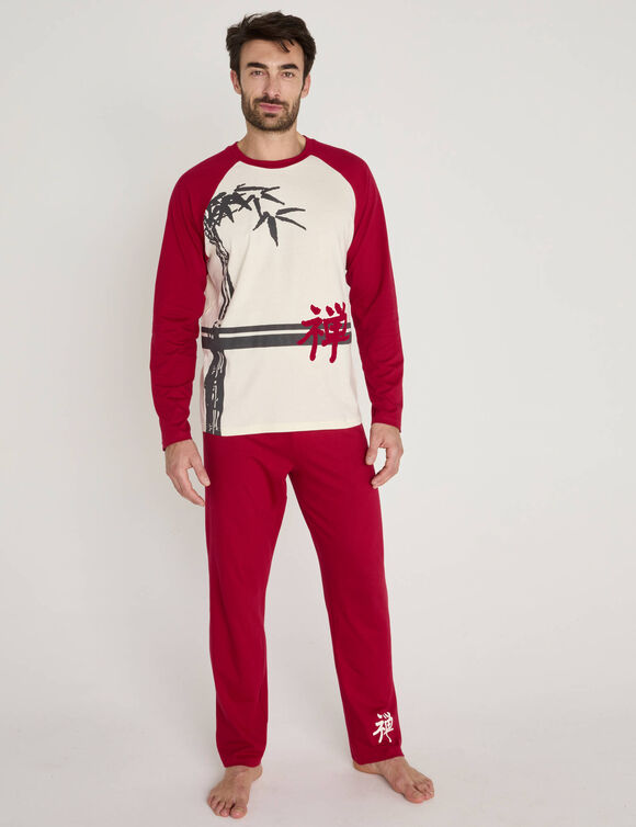 Pyjama pantalon motif bambou manches longues (&eacute;cru / bordeaux)