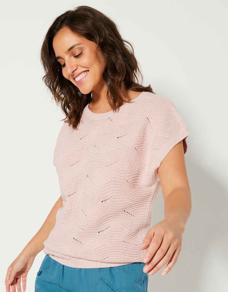Pull manches courtes, maille fantaisie (rose poudré) Pull manches courtes, maille fantaisie (rose poudré)