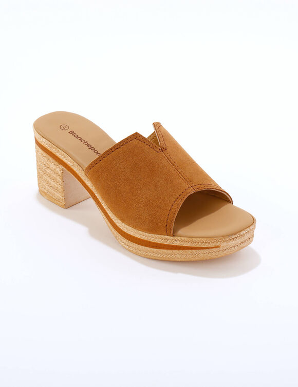 Mules compens&eacute;es style sabot cro&ucirc;te de cuir (caramel)