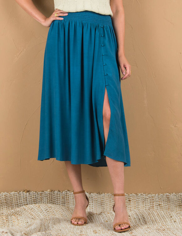 Jupe longue unie boutonnée, ceinture smockée (bleu grisé)