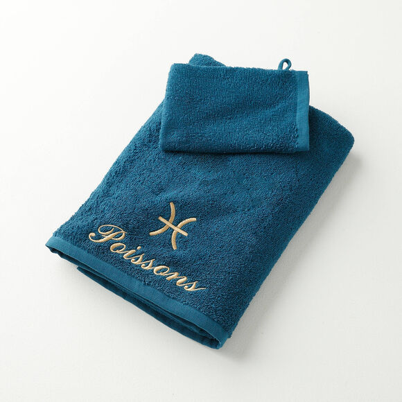 Serviettes de bain brodées Poisson - 420g/m2 (bleu paon)