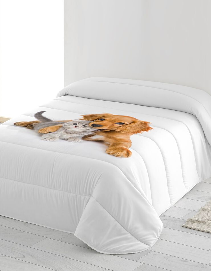 Couette microfibre imprimée chat et chien 200 g/m² (blanc / gris)