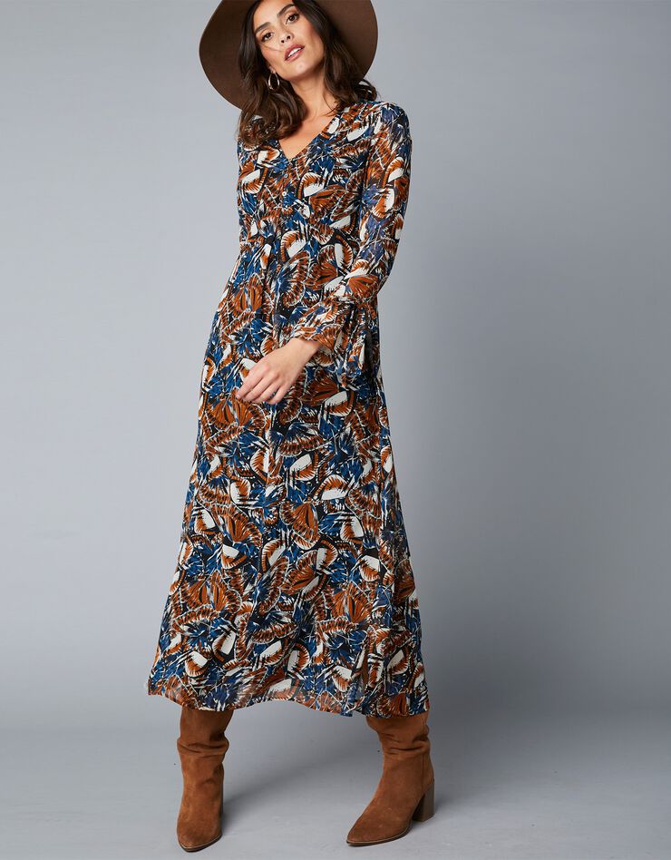 Robe longue imprimée papillons (noir / caramel) Robe longue imprimée papillons (noir / caramel)