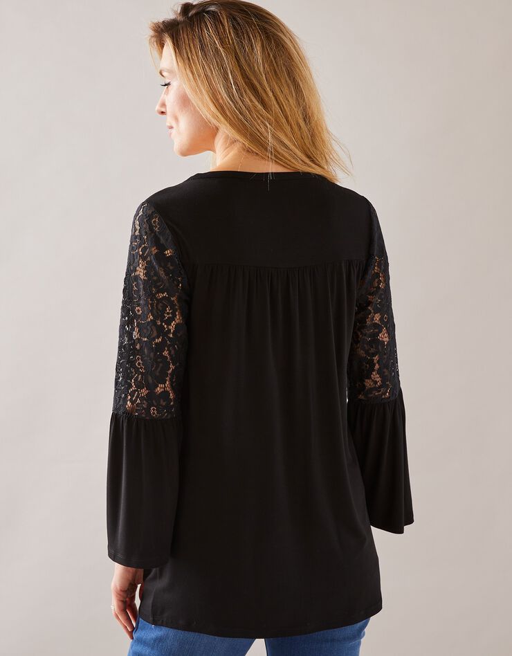 Tee-shirt boutonné manches 3/4 dentelle (noir)