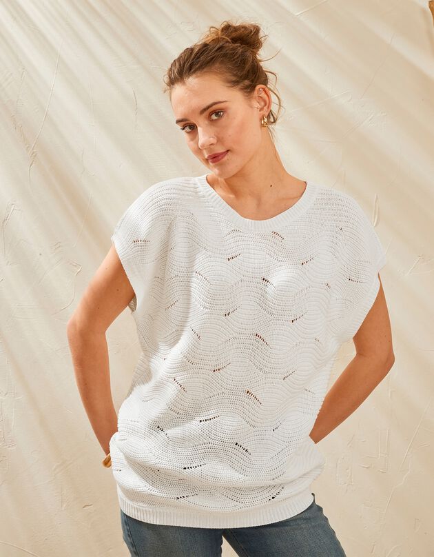 Pull manches courtes, maille fantaisie (blanc)