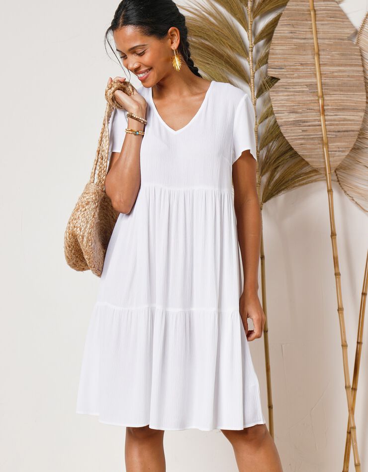Robe col V courte unie, crépon (blanc)