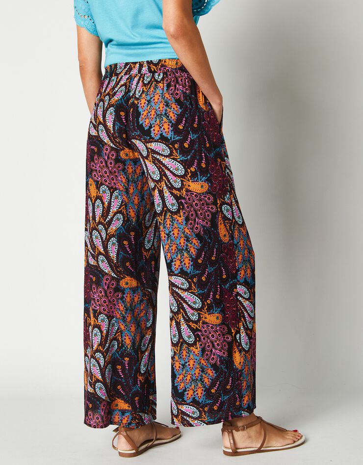 Pantalon large 7/8ème imprimé, crépon (noir / bleu) Pantalon large 7/8ème imprimé, crépon (noir / bleu)
