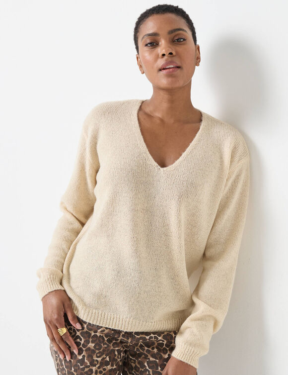 Pull col V manches longues, laine et mohair m&eacute;lang&eacute;s (beige)